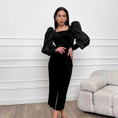 Black Elegant Square Collar Puff Sleeve Knitted Korean Velvet Straight Slim Fit Dress