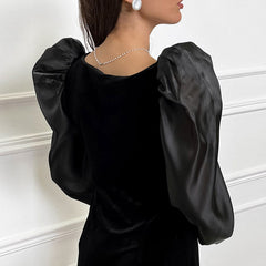 Black Elegant Square Collar Puff Sleeve Knitted Korean Velvet Straight Slim Fit Dress