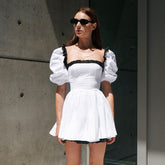 Black White Contrast Color Square Collar Puff Sleeve Backless Dress High Sense