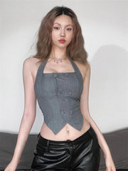 Buttoned Crop Halter Top