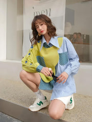 Patchwork-Hemd mit geknöpften Ärmeln