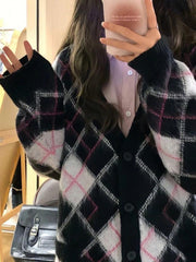 Lockere Strickjacke aus kariertem Jacquard