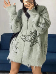 Cárdigan holgado con cuello en V y cremallera estampado