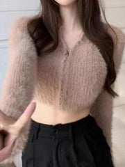 Cárdigan corto de cuello en V de felpa en color liso