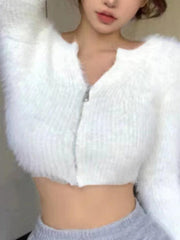 Cárdigan corto de cuello en V de felpa en color liso