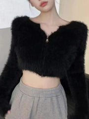 Cárdigan corto de cuello en V de felpa en color liso