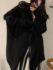 Cárdigan de color liso con cuello de solapa grande y ribete de borlas