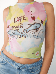Tanktop aus Netzstoff mit Cartoon-Print