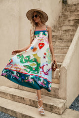 Vestido informal con tirantes finos, estampado floral, sin mangas, vestido con vuelo, artesanía amplificada