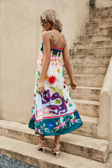 Vestido informal con tirantes finos, estampado floral, sin mangas, vestido con vuelo, artesanía amplificada