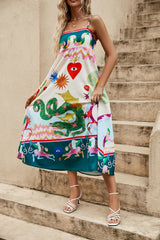 Vestido informal con tirantes finos, estampado floral, sin mangas, vestido con vuelo, artesanía amplificada