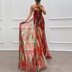 Chiffon Floral Print Slit Dress Casual Party Long Dress
