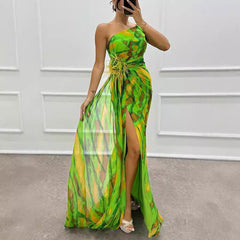 Chiffon Floral Print Slit Dress Casual Party Long Dress
