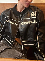 Kurze Lederjacke mit Kontrastfarbdruck