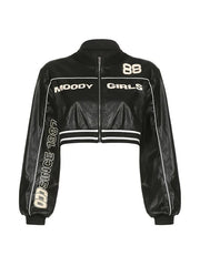 Kurze Lederjacke mit Kontrastfarbdruck