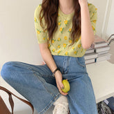 Cottagecore-Strick-T-Shirt mit Blumenmuster