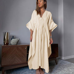 Cotton V Neck Blouse Dress Loose Breathable