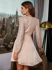 Deep V Plunge Plunge Sweet Party Dress Sequin Stitching Mesh Criss Cross Long Sleeves A line Dress