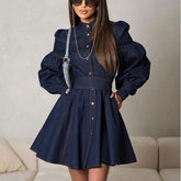Denim Shirt Dress Niche Design Lantern Sleeve Lace up GracefulDress