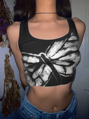Geripptes kurzes Tanktop mit Libellen-Print