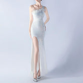 Dress Heavy Industry Beads Single Shoulder Diagonal Collar High Fork Sequined Dinner Dress