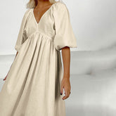 Early Cotton Solid Color Maxi Dress V neck Half Sleeve Hollow Out Cutout Backless Casual Dress