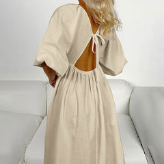 Early Cotton Solid Color Maxi Dress V neck Half Sleeve Hollow Out Cutout Backless Casual Dress