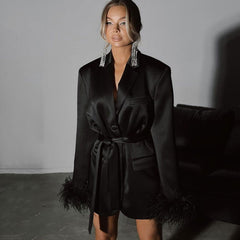 Early Elegant Suit Collar Ostrich Feather Long Sleeved Dress Tight Waist High Grade A line Dress