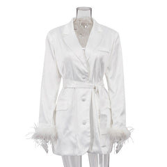 Early Elegant Suit Collar Ostrich Feather Long Sleeved Dress Tight Waist High Grade A line Dress