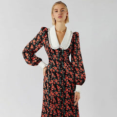 Early Dignified Sense of Design Printed Maxi Dress Doll Collar Waist Slimming Long Sleeve Dress