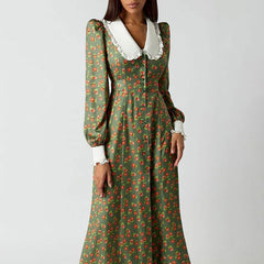 Early Dignified Sense of Design Printed Maxi Dress Doll Collar Waist Slimming Long Sleeve Dress