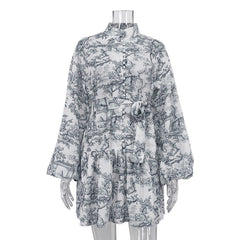 Vestido corto con estampado de tinta nacional antiguo, mangas abullonadas, cuello alto, lazo, estilo retro, corte A