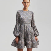 Early Retro Ethnic round Neck Slim Fit Printed Dress Tea Break French Long Sleeve Dress for