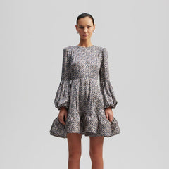 Early Retro Ethnic round Neck Slim Fit Printed Dress Tea Break French Long Sleeve Dress for