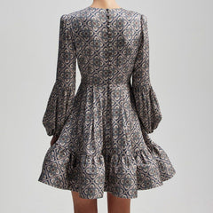 Early Retro Ethnic round Neck Slim Fit Printed Dress Tea Break French Long Sleeve Dress for