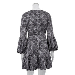 Early Retro Ethnic round Neck Slim Fit Printed Dress Tea Break French Long Sleeve Dress for