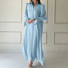 Early Solid Color Long Sleeve StCollar Design Shirt French Casual Slit Maxi Dress