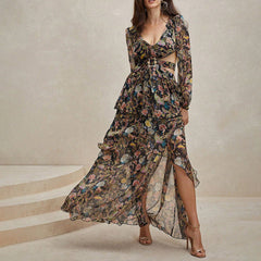 Elegant Bohemian Printed V neck Dress Vacation Casual Dress