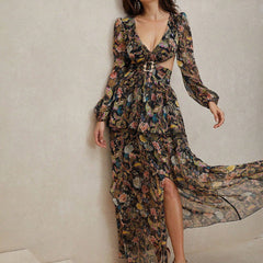 Elegant Bohemian Printed V neck Dress Vacation Casual Dress