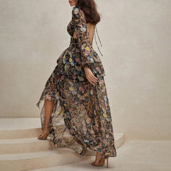 Elegant Bohemian Printed V neck Dress Vacation Casual Dress