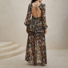 Elegant Bohemian Printed V neck Dress Vacation Casual Dress