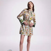 Elegant Socialite Collared Tied Waist Positioning Printing Linen Vacation Long Sleeve