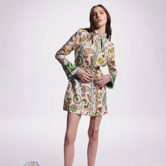 Elegant Socialite Collared Tied Waist Positioning Printing Linen Vacation Long Sleeve