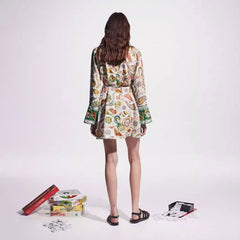 Elegant Socialite Collared Tied Waist Positioning Printing Linen Vacation Long Sleeve