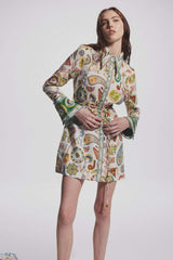 Elegant Socialite Collared Tied Waist Positioning Printing Linen Vacation Long Sleeve