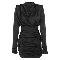 Elegant High Grade Black High Collar Sheath Slim Pleated