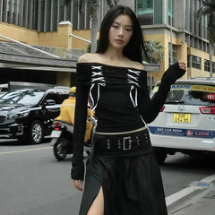 Fairy Grunge – Schulterfreies Oberteil mit Schnürung