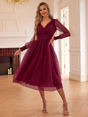 Vestido de hada con escote en V profundo, malla, burbujas, manga larga, vestido adelgazante con cintura