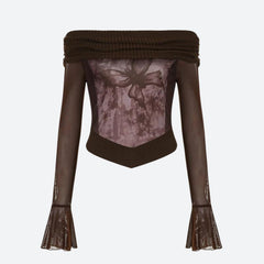 Fairycore – Schulterfreies Oberteil mit Schmetterlings-Print und Rüschen