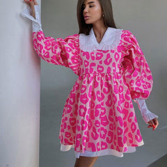 Herbstkleid, langärmelig, hochtailliert, bedruckt, A-Linien-Kleid, Puppenkragen, Babydoll-Kleid